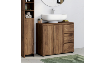 Meuble sous vasque Tom effet noyer placards et tiroirs