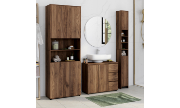 Meuble sous vasque Tom effet noyer placards et tiroirs