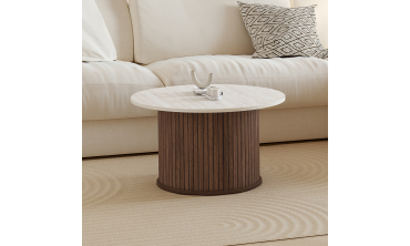 Table basse ronde Albane effet noyer et travertin Ø70cm
