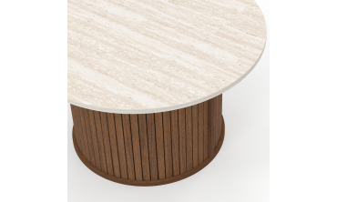 Table basse ronde Albane effet noyer et travertin Ø70cm