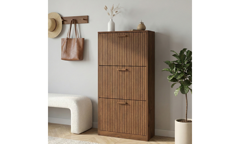 Meuble chaussures Faustine 3 portes effet noyer - 18 paires