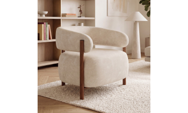 Fauteuil Albin tissu chenille beige et pieds noyer