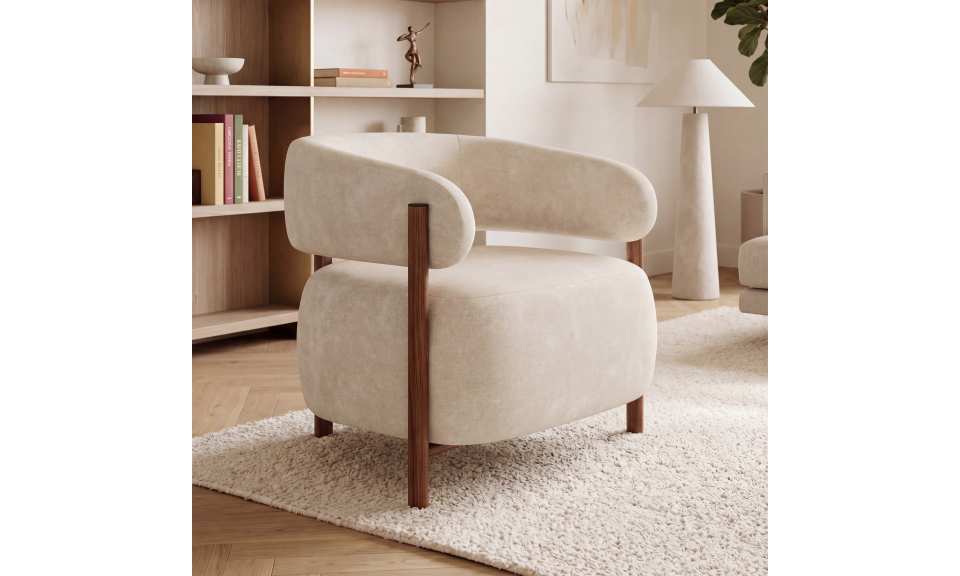 Fauteuil Albin tissu chenille beige et pieds noyer