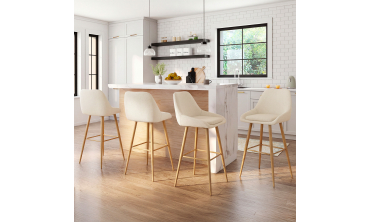 Tabourets de bar Olivia velours crème pieds effet bois - lot de 4