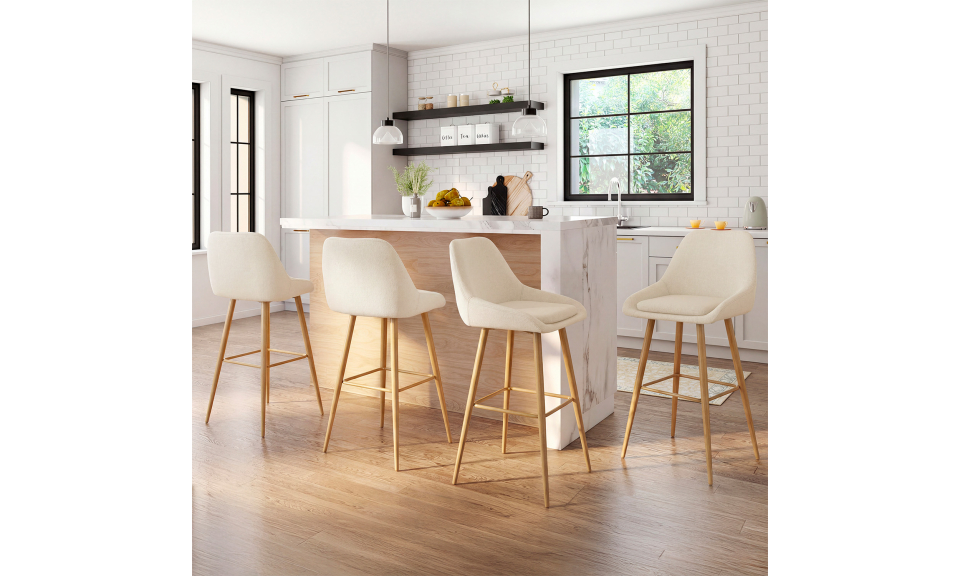 Tabourets de bar Olivia velours crème pieds effet bois - lot de 4