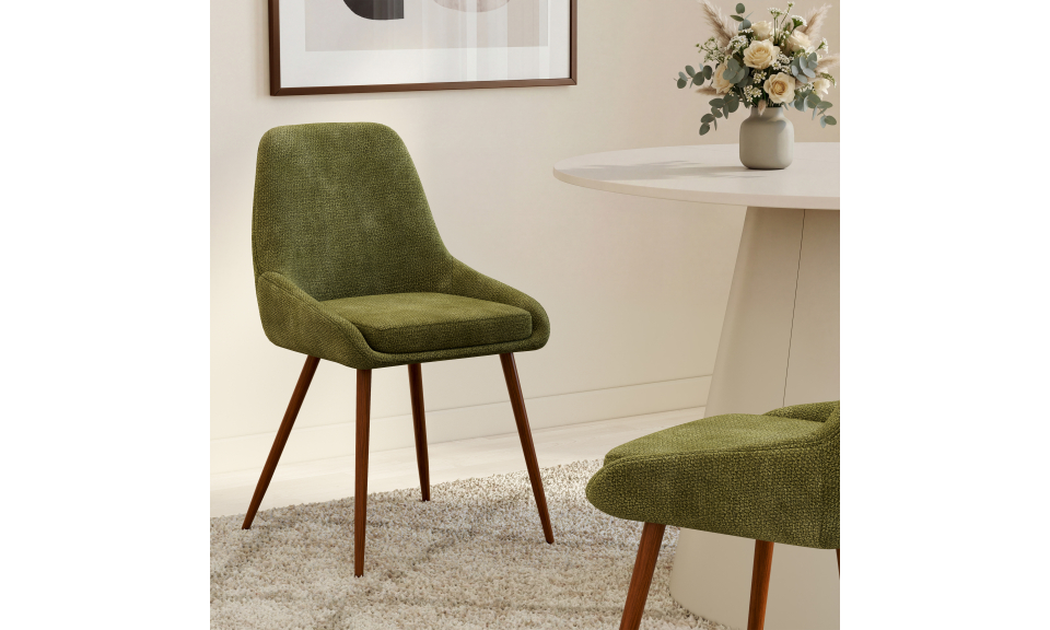 Chaises Olivia velours chenille vert pieds métal effet noyer - lot de 4