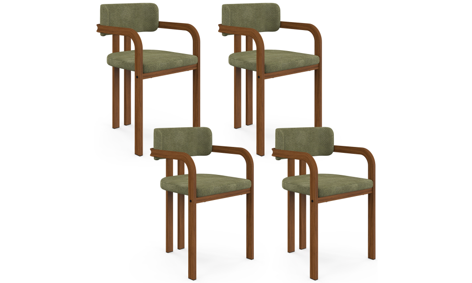 Chaises Elsa avec accoudoirs tissu chenille vert pieds effet noyer - lot de 4