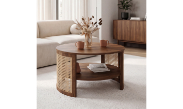 Table basse ronde Eve cannage effet noyer Ø70cm