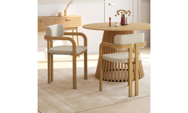Chaises Elsa avec accoudoirs tissu beige pieds effet bois - lot de 6