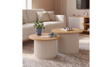 Tables basses rondes gigognes Kara beige effet cannelé - lot de 2