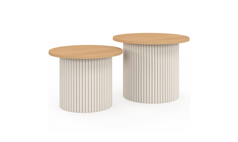 Tables basses rondes gigognes Kara beige effet cannelé - lot de 2