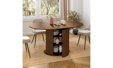 Table à manger ronde extensible Albane effet hêtre avec rangement Ø110-150cm