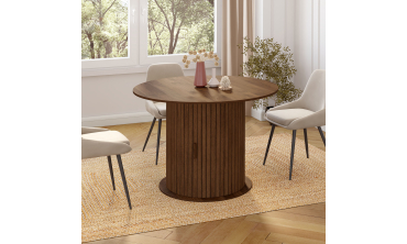 Table à manger ronde extensible Albane effet hêtre avec rangement Ø110-150cm