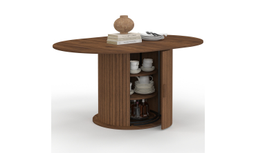 Table à manger ronde extensible Albane effet hêtre avec rangement Ø110-150cm