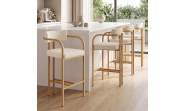Tabourets de bar Elsa bouclette blanche pieds effet bois - lot de 4