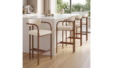 Tabourets de bar Elsa bouclette blanche pieds effet noyer - lot de 4