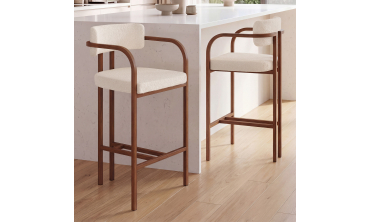 Tabourets de bar Elsa bouclette blanche pieds effet bois - lot de 2