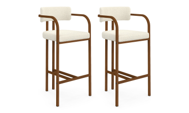 Tabourets de bar Elsa bouclette blanche pieds effet bois - lot de 2