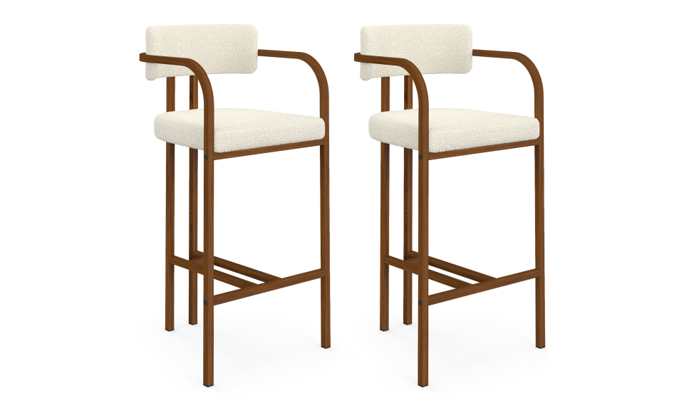 Tabourets de bar Elsa bouclette blanche pieds effet bois - lot de 2