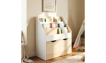 Meuble bibliothèque enfant Mia sur roulettes effet hêtre et blanc