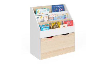 Meuble bibliothèque enfant Mia sur roulettes effet hêtre et blanc