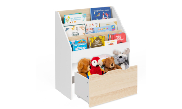 Meuble bibliothèque enfant Mia sur roulettes effet hêtre et blanc