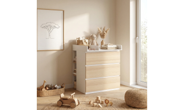 Commode à langer Aurore 3 tiroirs effet hêtre et blanc