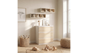 Commode à langer Aurore 3 tiroirs effet hêtre et blanc