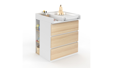 Commode à langer Aurore 3 tiroirs effet hêtre et blanc