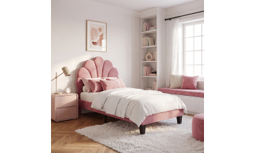 Lit simple Amalia tête de lit coquillage 90x190cm velours rose