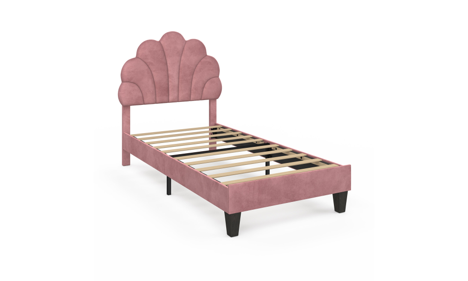 Lit simple Amalia tête de lit coquillage 90x190cm velours rose