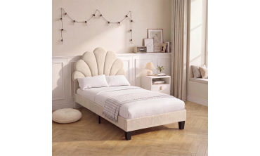 Lit simple Amalia tête de lit coquillage 90x190cm velours beige