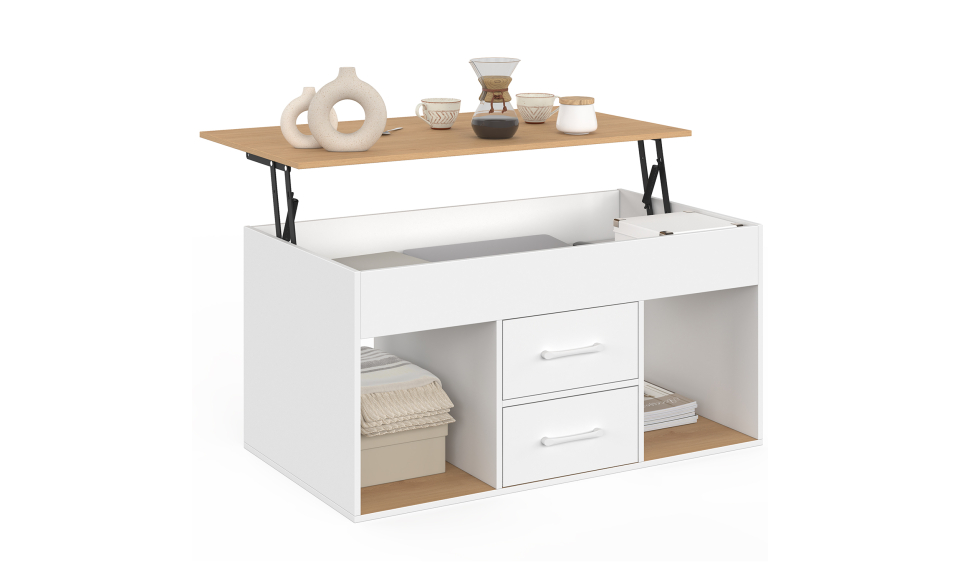 Table basse Uma relevable 2 tiroirs bois et blanc