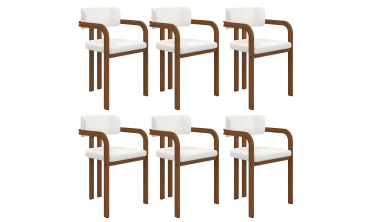 Chaises Elsa avec accoudoirs tissu beige pieds effet noyer - lot de 6