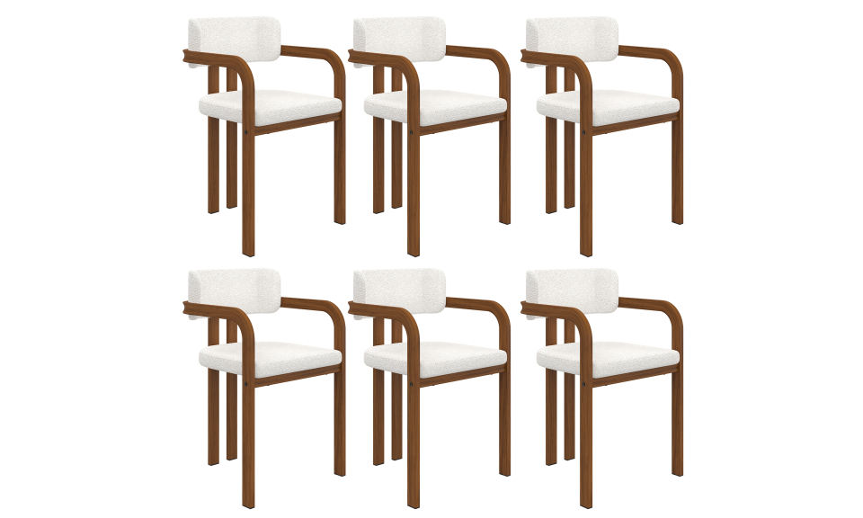 Chaises Elsa avec accoudoirs tissu beige pieds effet noyer - lot de 6