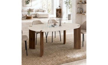 Table à manger ronde extensible Stessie effet noyer travertin Ø110-150cm