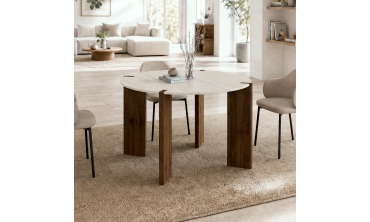 Table à manger ronde extensible Stessie effet noyer travertin Ø110-150cm