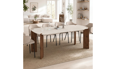 Table à manger extensible Stessie effet noyer et travertin 160-200cm