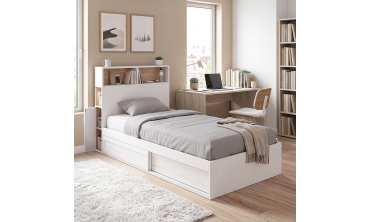 Lit simple Gaby avec rangements 90x190cm blanc bois