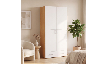 Armoire Yulia 2 portes avec étagères effet hêtre et blanc