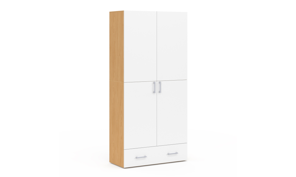 Armoire Yulia 2 portes avec étagères effet hêtre et blanc