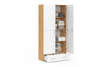 Armoire Yulia 2 portes avec étagères effet hêtre et blanc