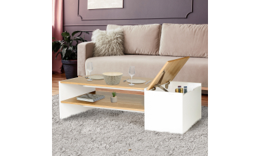 Table basse Zoé avec coffre latéral bois et blanc