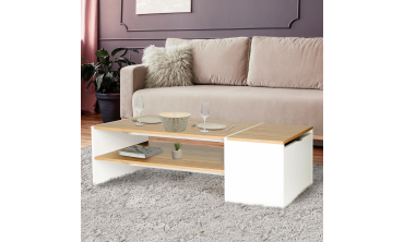Table basse Zoé avec coffre latéral bois et blanc