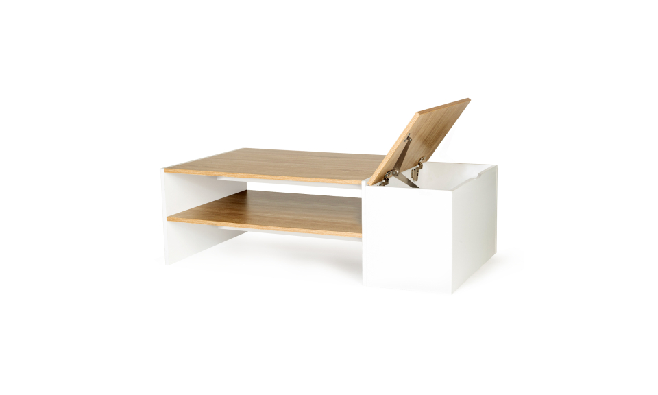 Table basse Zoé avec coffre latéral bois et blanc