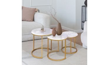 Tables basses gigognes Glam effet marbre blanc pieds dorés - lot de 3