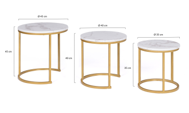 Tables basses gigognes Glam effet marbre blanc pieds dorés - lot de 3
