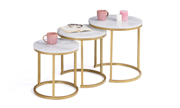Tables basses gigognes Glam effet marbre blanc pieds dorés - lot de 3