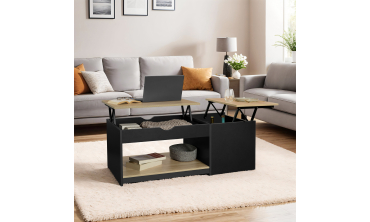 Table basse Elina double plateau relevable et coffre noire et bois
