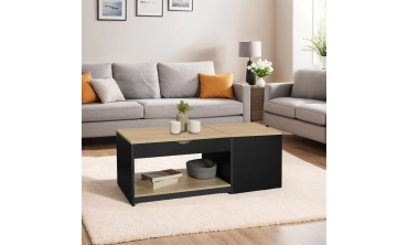 Table basse Elina double plateau relevable et coffre noire et bois